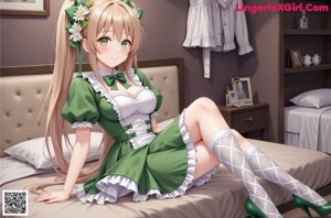 A woman in a maid outfit sitting on a bed.